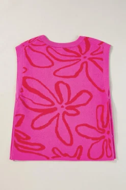 Best Dear-Lover Button Sides Sleeveless Floral Knitted Top Bright Pink