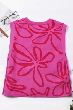 Best Dear-Lover Button Sides Sleeveless Floral Knitted Top Bright Pink