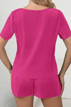 Fashion Dear-Lover Casual Pleated Short Two-piece Set Bright Pink