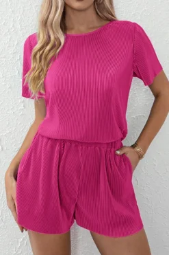 Fashion Dear-Lover Casual Pleated Short Two-piece Set Bright Pink