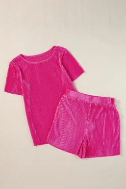 Fashion Dear-Lover Casual Pleated Short Two-piece Set Bright Pink