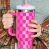 Fashion Dear-Lover Checkered Print Handled Stainless Steel Tumbler Cup 40oz Bright Pink