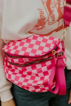 Sale Dear-Lover Checkered Print Wide Strap Large Crossbody Bag Bright Pink