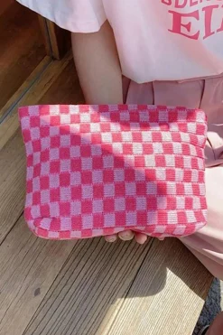 Online Dear-Lover Checkered Print Cosmetic Bag Bright Pink