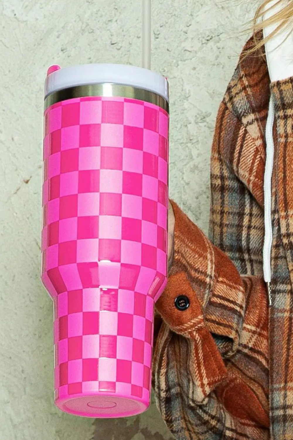 Fashion Dear-Lover Checkered Print Handled Stainless Steel Tumbler Cup 40oz Bright Pink