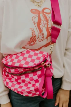 Sale Dear-Lover Checkered Print Wide Strap Large Crossbody Bag Bright Pink