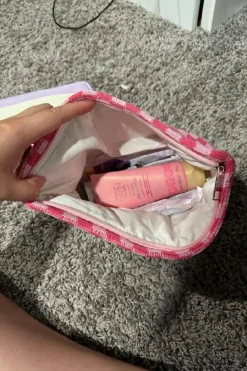 Online Dear-Lover Checkered Print Cosmetic Bag Bright Pink