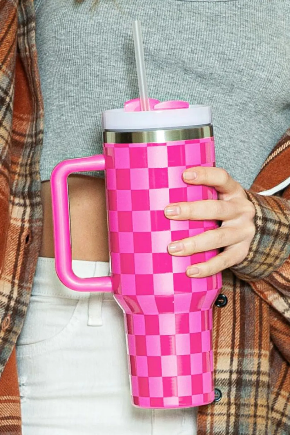 Fashion Dear-Lover Checkered Print Handled Stainless Steel Tumbler Cup 40oz Bright Pink