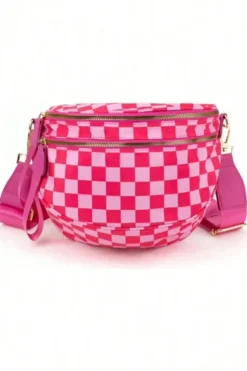 Sale Dear-Lover Checkered Print Wide Strap Large Crossbody Bag Bright Pink