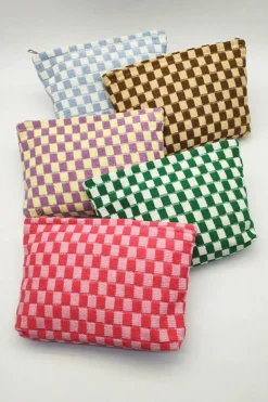 Online Dear-Lover Checkered Print Cosmetic Bag Bright Pink