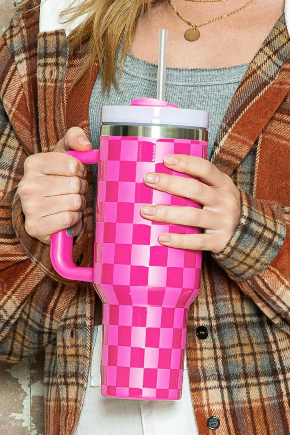 Fashion Dear-Lover Checkered Print Handled Stainless Steel Tumbler Cup 40oz Bright Pink