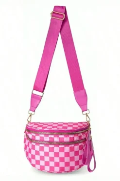 Sale Dear-Lover Checkered Print Wide Strap Large Crossbody Bag Bright Pink