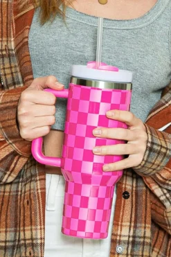 Fashion Dear-Lover Checkered Print Handled Stainless Steel Tumbler Cup 40oz Bright Pink
