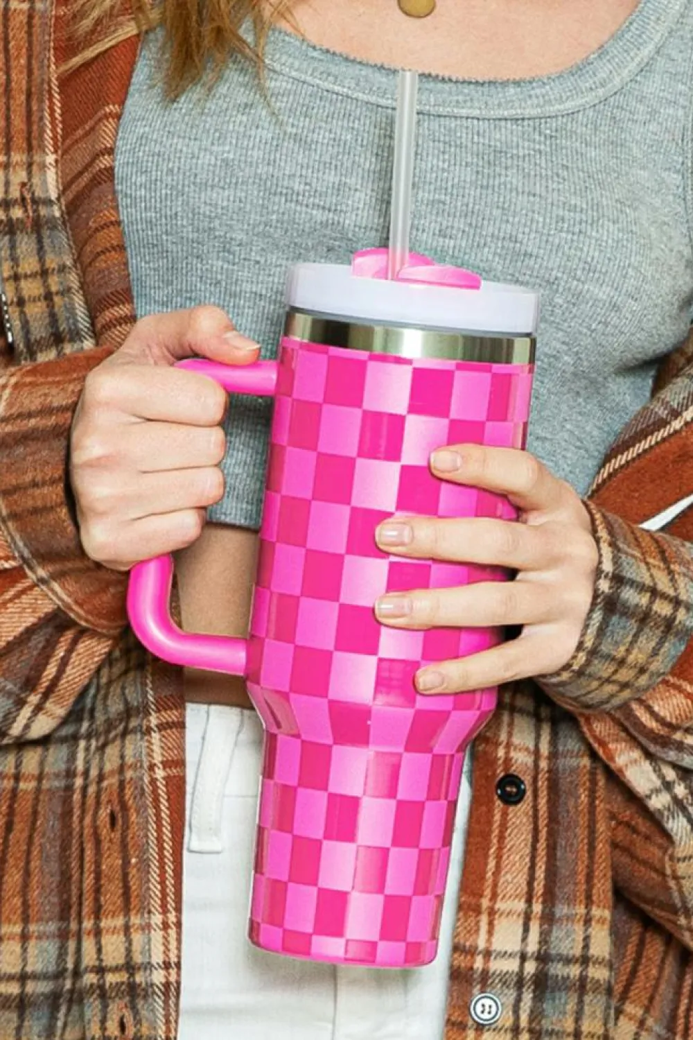 Fashion Dear-Lover Checkered Print Handled Stainless Steel Tumbler Cup 40oz Bright Pink
