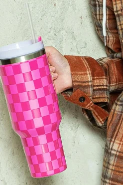 Fashion Dear-Lover Checkered Print Handled Stainless Steel Tumbler Cup 40oz Bright Pink