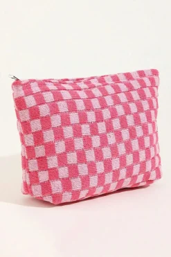 Online Dear-Lover Checkered Print Cosmetic Bag Bright Pink