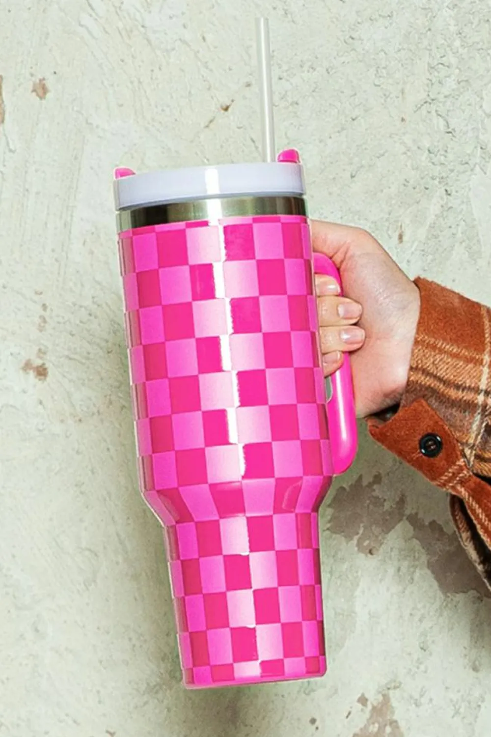 Fashion Dear-Lover Checkered Print Handled Stainless Steel Tumbler Cup 40oz Bright Pink