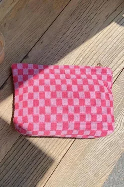 Online Dear-Lover Checkered Print Cosmetic Bag Bright Pink