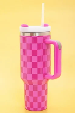 Fashion Dear-Lover Checkered Print Handled Stainless Steel Tumbler Cup 40oz Bright Pink