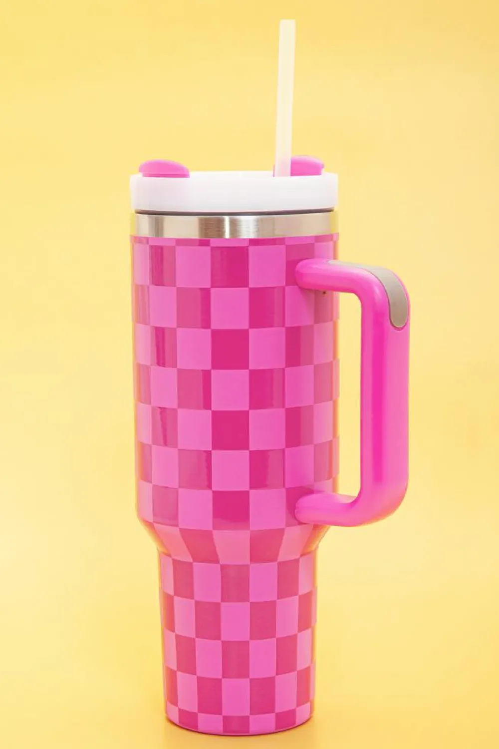 Fashion Dear-Lover Checkered Print Handled Stainless Steel Tumbler Cup 40oz Bright Pink