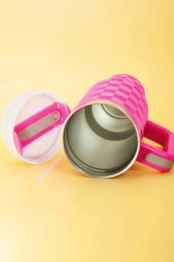 Fashion Dear-Lover Checkered Print Handled Stainless Steel Tumbler Cup 40oz Bright Pink