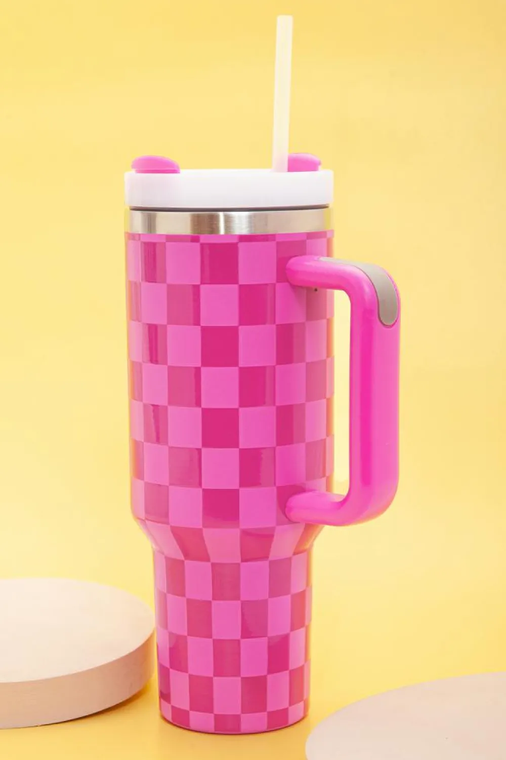 Fashion Dear-Lover Checkered Print Handled Stainless Steel Tumbler Cup 40oz Bright Pink