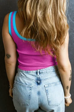 Clearance Dear-Lover Colorblock Edge Ribbed Knit U Neck Tank Top Bright Pink