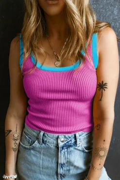 Clearance Dear-Lover Colorblock Edge Ribbed Knit U Neck Tank Top Bright Pink
