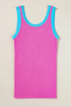 Clearance Dear-Lover Colorblock Edge Ribbed Knit U Neck Tank Top Bright Pink