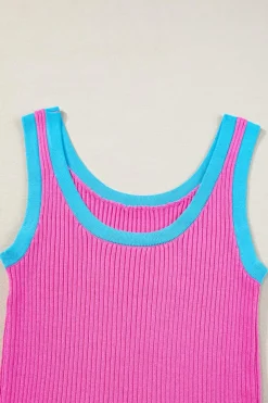 Clearance Dear-Lover Colorblock Edge Ribbed Knit U Neck Tank Top Bright Pink