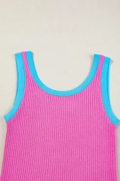 Clearance Dear-Lover Colorblock Edge Ribbed Knit U Neck Tank Top Bright Pink