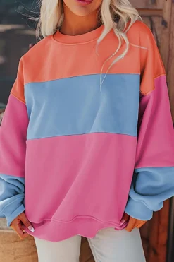New Dear-Lover Colorblock Patchwork Drop Shoulder Sweatshirt Bright Pink
