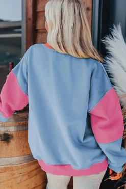 New Dear-Lover Colorblock Patchwork Drop Shoulder Sweatshirt Bright Pink