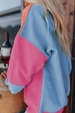 New Dear-Lover Colorblock Patchwork Drop Shoulder Sweatshirt Bright Pink