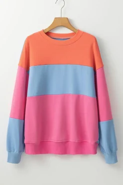 New Dear-Lover Colorblock Patchwork Drop Shoulder Sweatshirt Bright Pink