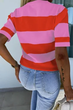 Sale Dear-Lover Colorblock Striped Knitted T shirt Bright Pink