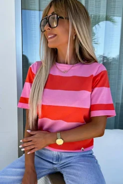 Sale Dear-Lover Colorblock Striped Knitted T shirt Bright Pink
