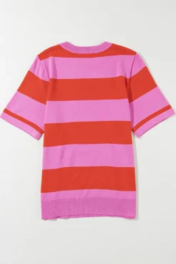 Sale Dear-Lover Colorblock Striped Knitted T shirt Bright Pink