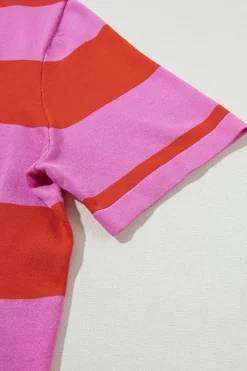 Sale Dear-Lover Colorblock Striped Knitted T shirt Bright Pink