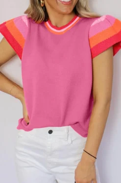 Clearance Dear-Lover Contrast Flutter Sleeves Knitted Sweater T Shirt Bright Pink