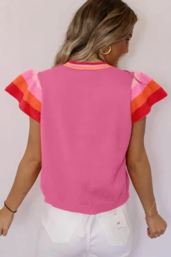 Clearance Dear-Lover Contrast Flutter Sleeves Knitted Sweater T Shirt Bright Pink