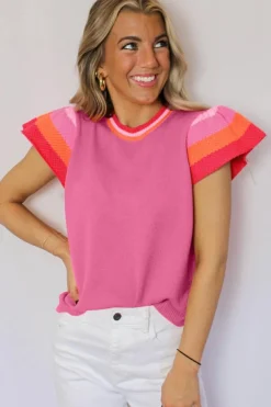 Clearance Dear-Lover Contrast Flutter Sleeves Knitted Sweater T Shirt Bright Pink