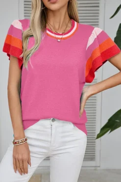 Clearance Dear-Lover Contrast Flutter Sleeves Knitted Sweater T Shirt Bright Pink