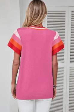 Clearance Dear-Lover Contrast Flutter Sleeves Knitted Sweater T Shirt Bright Pink