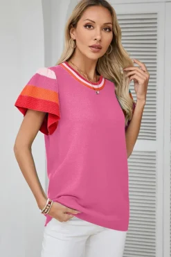 Clearance Dear-Lover Contrast Flutter Sleeves Knitted Sweater T Shirt Bright Pink