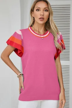 Clearance Dear-Lover Contrast Flutter Sleeves Knitted Sweater T Shirt Bright Pink