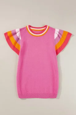 Clearance Dear-Lover Contrast Flutter Sleeves Knitted Sweater T Shirt Bright Pink