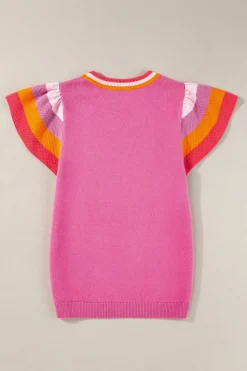 Clearance Dear-Lover Contrast Flutter Sleeves Knitted Sweater T Shirt Bright Pink