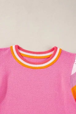 Clearance Dear-Lover Contrast Flutter Sleeves Knitted Sweater T Shirt Bright Pink