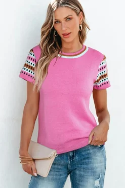 Online Dear-Lover Contrast Printed Cap Sleeves Crewneck Sweater Bright Pink